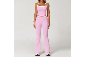 Contrast Color Crop Top High Waist Flare Pants Fitness Yoga Wear Suit Women Gym Active Wear Workout Clothes Set