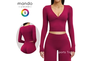 Women's Sexy Cross V-Neck T-Shirt Long HemBuilt in Chest Pad Compression Fit Activewear Long-Sleeve Yoga Top