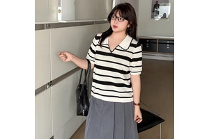 Large Size Women's Clothing Striped Stretchy Sweet Style for Collar Top 2025 Summer Style Loose Short Sleeve T-shirt Chubby