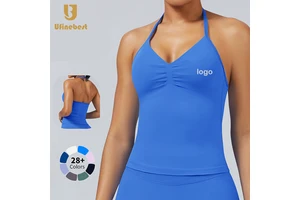 Women Front Scrunch Seamless Yoga Top Strappy Tank Tops Halter Neck Sport Gym Fitness Vest Sportswear
