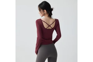 Women's Yoga Top Breathable Spandex/Nylon Beautiful Back Chest Pads Running Sports Slimming Square Collar Pilates Long Sleeve