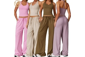Yimo Women Sanded V Neck Sleeveless Top Yoga Tracksuit Lady Drawstring Loose Pants Gym Suit Female Straight Leg Slim Sports Sets