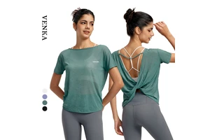 Wholesale 100%Polyester Short Sleeve Running Mesh T-shirt Quick Dry Hollowed Backless Sport Fitness Women Yoga Top T Shirt