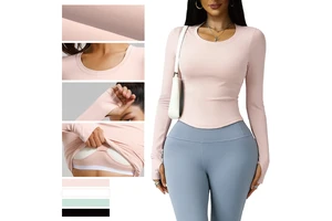 Sports Lightweight Long Sleeve Nude Color Loose Breathable Sweat-Wicking Four-Way Stretch Crew Neck Front Running T-shirt Bra