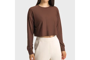 Women Loose Lightweight Quick Dry Round Neck Cropped Fitness Long Sleeve Shirt Outdoor Running Yoga Top for Women Sportswear