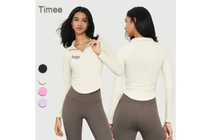 Running Fitness Half Zipper Sports Long Sleeve Collar Yoga T-shirt Women Waist Slimming Bottom Fitness Top