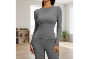 Women's Long-Sleeved Skinny Fit Quick Dry Spandex/Nylon Fitness Yoga Tops Slim Waist Breathable Lightweight Sports Clothes Crew