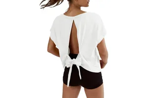 Womens Backless Open Back Crop Top V Neck Short Sleeve Tie Back Athletic Yoga Shirt Breathable Spandex Cotton Oversized Workout