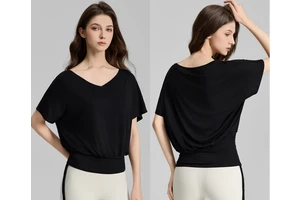 Women's Batwing Sleeve Oversized Loose Yoga Athleisure T-shirts V-neck Lightweight Yoga Top Casual Drawstring Sports T-shirt