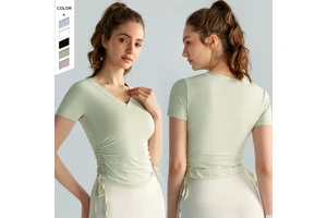 Spring/Summer Yoga Top Short Sleeved Folded Waist Leisure Sports Top Women's Comfortable Slimming Fitness Top