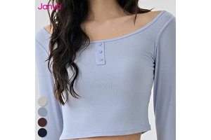 Janya Wholesale Women's Quick Dry Yoga Shirts Henley Neckline Slim Fit Long Sleeve T Shirts Gym Running Workout Button Crop Tops