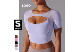 Customizable logo Solid Color Patchwork Mesh Sexy Three-quarter Sleeve Breathable Running Fitness Yoga Top for Women