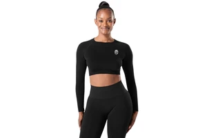 Womens Seamless Long Sleeve Black Sculpting Stretch Crop Top for Gym Training Yoga Workout Fitness Athleisure Wear