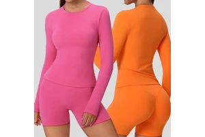Women Solid Color Slim Yoga Long Sleeve Shirt Lady Casual Round Neck Running Top Female Loose Lower Back Sports Shirts