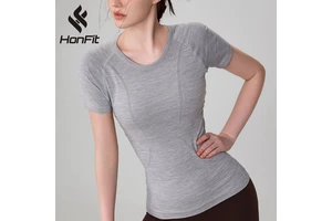 HONFIT Nude Seamless Slim Yoga Tops Waist and Round Neck Tshirt Spandex Nylon Quick Dry Mesh Structure Sports T Shirt for Women