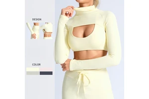 2026 Wholesale Fashionable Women's Yoga Top Hollow Cut High Neck Sports Fitness Long Sleeve Sexy Gym Shirt With Custom LOGO