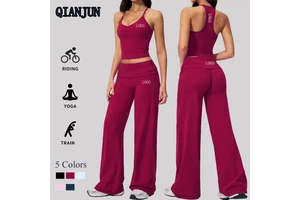 Custom Logo Solid Racerback Tank Top Loose Straight Leg Leggings Two Pieces Workout Gym Fitness Set for Women Outdoor Activewear