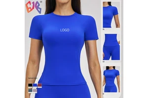 Womens Brushed Yoga Short Sleeve Round Neck Slim Fit Waist T Shirt Outdoor Running Fitness Workout Top