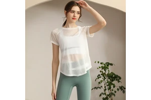 2025 New-Style Pilates Yoga Wear Womens Loose-Fit Quick-Drying Running Top Summer Sun-Protective Mesh Polyester Apparel