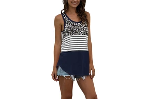 Summer Casual Sleeveless Tank Tops for Women Striped Print Loose Fit Beach Tops Ladies Casual Yoga Sport Gym Sublimated Tank Top