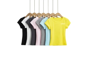 Custom LOGO Women's Cotton Stretch Yoga Top Slim-Fit Short Sleeve Round Neck Solid Color Gym Workout T-Shirt