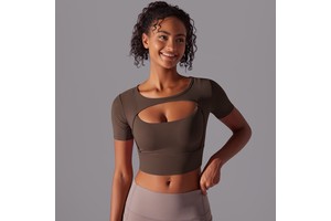Custom Logo Yoga Bra Padded Solid Color Breathable Spandex/Nylon 220g Sexy Double-Layer Short-Sleeve Camisole Sport Fitness Top