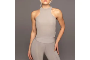 High Collared Ribbed Removable Padding Sandstone Soft Gym Yoga Crop Top for Women