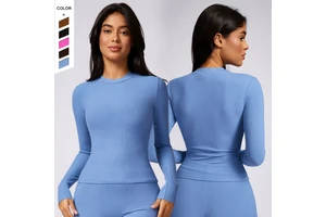 New Women's Tight Fitting Long Sleeved Yoga Suit Running Sports Long Sleeved T-Shirt Threaded Casual Quick Drying Fitness Top