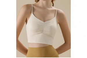 Women Seamless V-Neck Cross Bow Back Thin Shoulder Straps Sports Bra with Fixed Pads Medium Support Yoga Bra