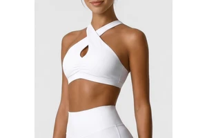 Womens Lightweight Seamless Criss Cross Halter Sports Bra High Support Print Pattern Front Logo Yoga & Gym Top