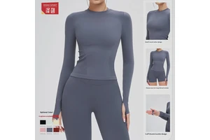Cross-border Seamless Spandex/Nylon Solid Women's Yoga Long Sleeve Neck Tight Comfortable Sports Shirts Tops Outdoor Running