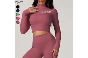Women Fitness & Yoga Wear High Collar Gym Top Long Sleeve Gym Shirts With Zipper