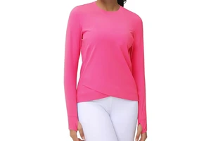 Women's Long Sleeve Compression Shirts Workout Tops Quick Dry Cross Hem Athletic Running Yoga Shirts with Thumb Holes Activewear
