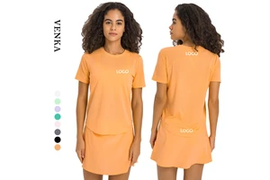 Women's Lightweight Summer Polyester Gym Fitness Top Quick Dry Breathable with Curved Hemline Short Sleeved T-Shirt for Running