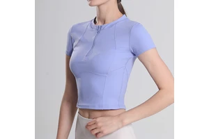 Women's Active Wear Soft Nylon High Stretchy Half Zip Yoga Tops Quick Dry Slim Fit Short Sleeve Crop Tops