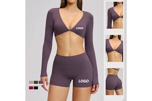 Stretch Yoga Short Set Deep V Yoga Crop Top with Removable Pad Quick Dry Women Yoga Set OEM Custom Logo