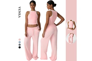 OEM Custom Women Compression Round Neck Contrast Color Tank Top and Drawstring Loose Wide-leg Joggers Ladies Sports Yoga Set