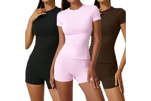 Custom Breathable Nylon Four Way Stretchy Gym Workout Clothes Shorts Sleeve Yoga T-shirts Sportswear Women Fitness