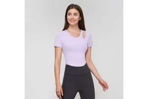 Women's Quick Dry Sports Short Sleeve Yoga Gym Top Breathable Cut-Out Athletic Tee with Built-in Bra for Running Workout