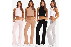 High Neck Tank Top Flared Pants Elastic Fabric Slim Fit Yoga Pilates Fitness Outfit Sportswear