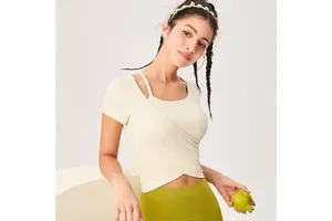 Yoga Clothes for Women Tight-fitting Fixed Cup Sports T-shirt square Neck Thin Shoulder Straps Short Sleeves High Elasticity Top