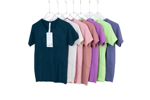 Women's New High Elasticity Yoga Top Seamless Short Sleeved Spandex Fitness Running T-Shirt Casual Regular Fit Breathable Front