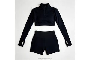 Women's Cross-border Half-zipper Long-sleeved Fitness Running Yoga Shorts Breathable Elastic Nylon Spandex Seamless Solid