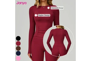 Janya Women Fit Naked Feel Round Neck Solid Slim Soft Stretchy Tummy Control Outdoor Sports Running Fitness Long Sleeve Yoga Top