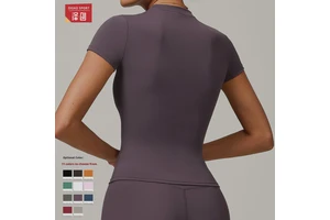 Spring Spandex/Nylon Quick-Dry Yoga Wear Tight-Fitting Short Sleeve Fitness Top Cover-Up Outdoor Running Sports Women Front 220g