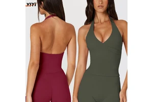 Cross-Border Breathable for V-Neck Cross-Over Halter Yoga Vest Fixed Chest Pads Women's Sleeveless Tight-Fitting Solid