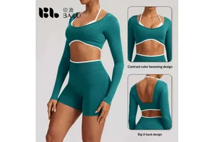 Backless Tight Seamless Breathable Four-Way Stretch Spandex/Nylon Solid Simple Long-Sleeved Running Fitness Yoga Sports Top