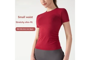 Women's Quick-drying Sport Short-sleeved T-shirt with Waist Pleats Slimming Design Yoga Top for Running Yoga Summer Practice