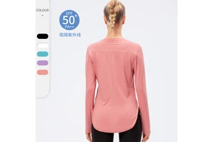 Women's Solid Yoga Sports Long Sleeve UPF50+ Anti UV Breathable Loose Fit Above Knee Shirt for Running Fitness