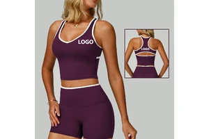 YMR-EBX9238 Summer Gym Tops for Women V-neck Hollow Back Contrast Color Sports Sleeveless Vest with Chest Pad Yoga Tops